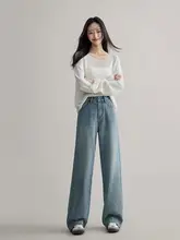 小柄向けブルー直筒デニムパンツ【春秋用・ハイウエスト・ワイドレッグ・ロング丈】