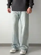 春秋用ルーズフィットプレーンデザインのウォッシュ加工デニムパンツ【ストレート・フレア】
