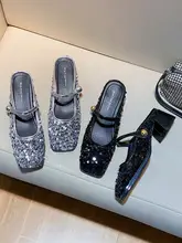 華やかなデザインのハーフトゥサンダル【シルバー・太ヒール・夏用】