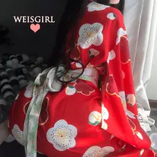 日本風桜柄ロング着物【束腰・大紅色・ゆったりしたデザイン・舞台用】