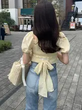 可愛い2wayデザインのバタフライリボン付きショートトップス【オフショルダー・スウィートスタイル】