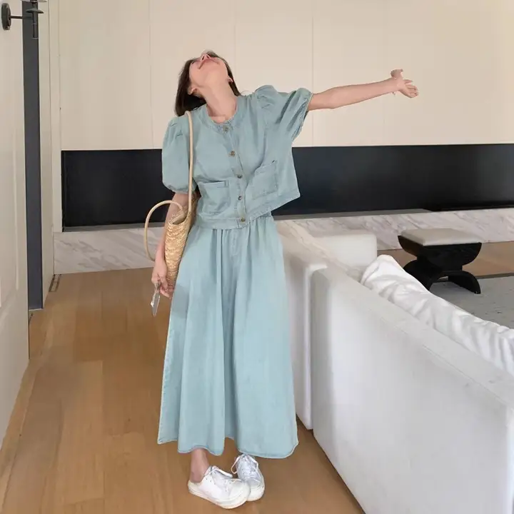 韓国系ヴィンテージデニムスカート【夏用・薄手・フロントボタン・ハイウエスト】（セットアップ対応）