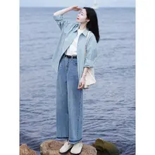 ヴィンテージ風 ゆったり水洗いデニムパンツ【脚口ほつれデザイン・女性用・ワイドレッグ】 （セットアップ対応）