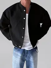 ブラックショート編み込みテクスチャーラウンドネックジャケット【メンズ・春秋用・ドローストリング・開襟デザイン】