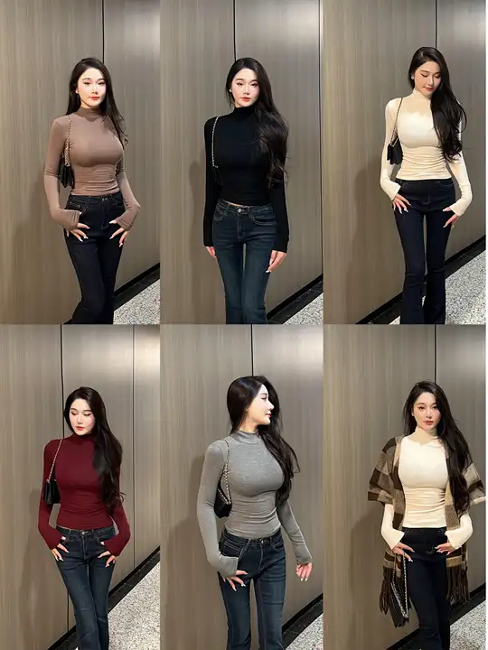 ハイネックフィット長袖Tシャツ【秋冬用・女性用・ストレッチ・人気デザイン】