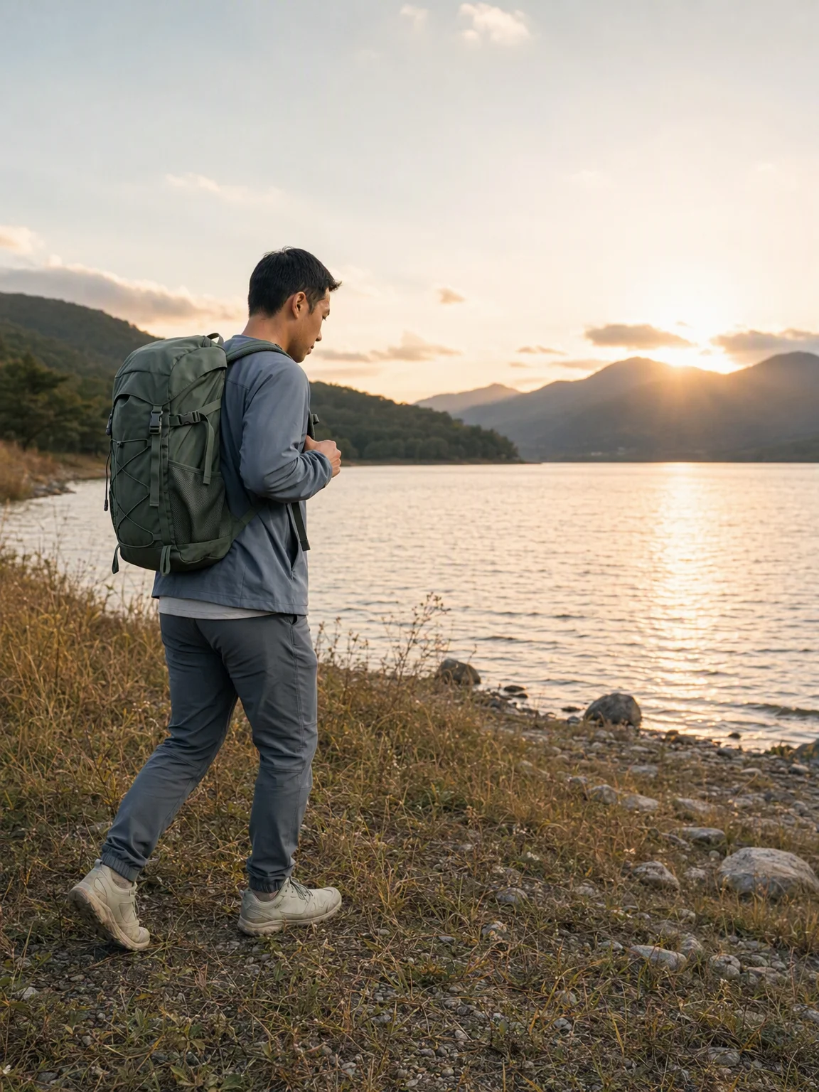 こういう湖畔の夕方は、歩き終わる前に一度立ち止まりたくなります。日中は動きやすさ重視の軽い服装で十分でも、日が傾くと風と水辺の冷えが少しずつ気になります。私は近場のキャンプや低山歩きでも、こうした時間帯の変化を見込んで一枚足す前提で荷物をまとめます。落ち着いた色のウェアと中容量のバックパックは景色の中でも浮きすぎず、そのまま寄り道しやすいのが良いところです。