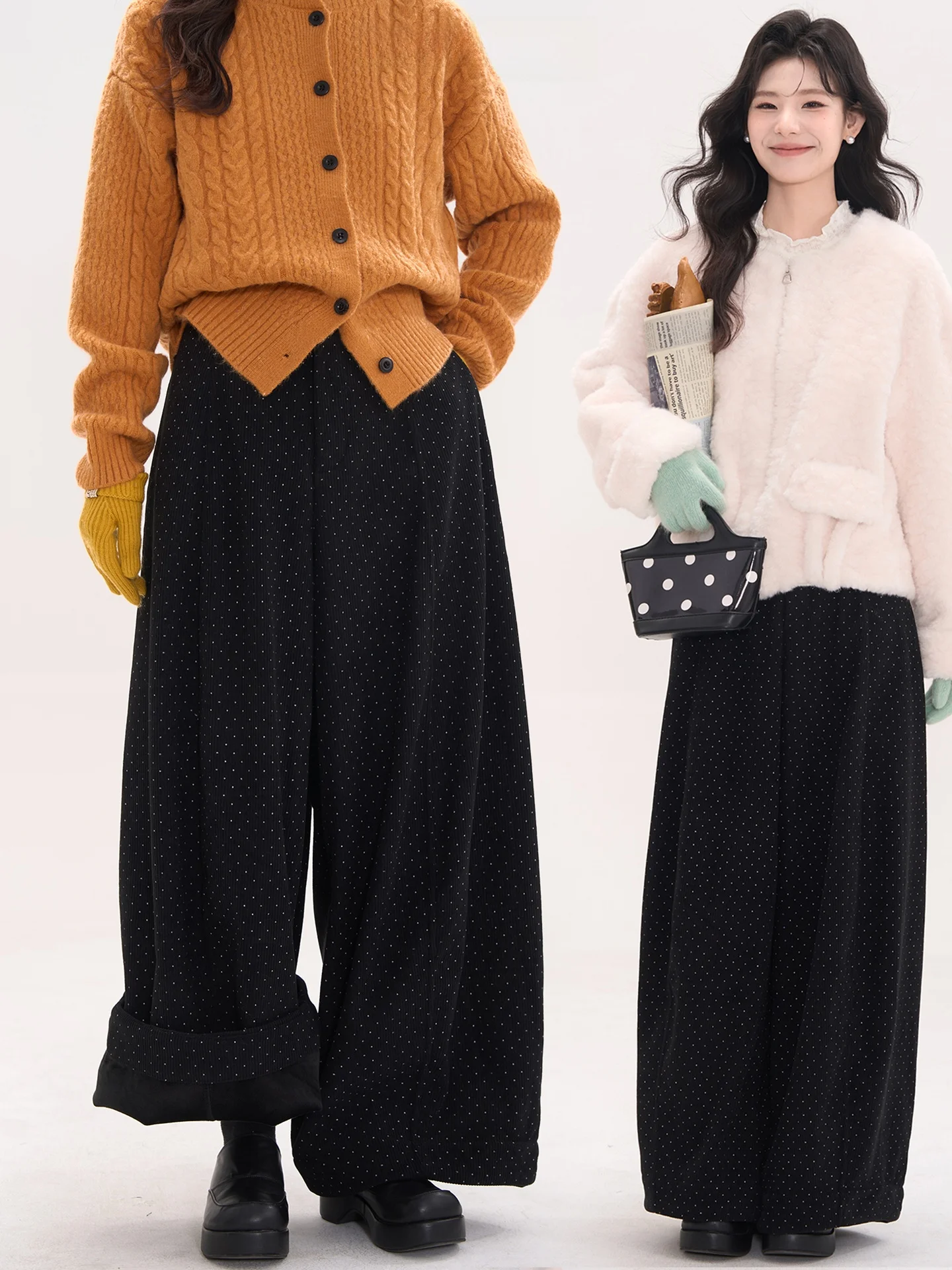 ドット柄コーデュロイカジュアルパンツ：秋冬に最適なワイドレッグスタイルの実用性解析