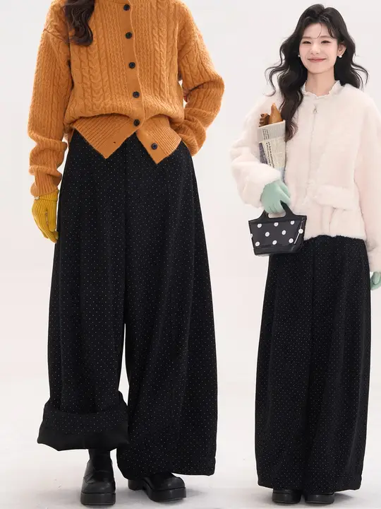ワイドパンツ レディース コーデュロイ 水玉柄 裏起毛 厚手 カジュアル 秋冬「HTmeme」