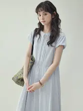 ブルーチェックの花バルーンスリーブコットンワンピース【夏用・フィット・ロング丈】