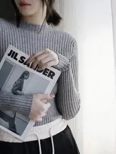 秋冬用 細かい畝のストレッチハイネックニットトップス【女性用・すっきりシルエット・ベーシック】
