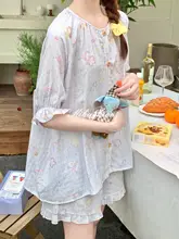 九色の甘美なフリル付き半袖ショートパンツ【全棉・二重ガーゼ・夏用・女性用・ホームウェア】（セットアップ対応）