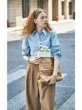 春夏用 抗皺 長袖 ブルーのルーズフィットシャツ【女性用・フレンチスタイル・重ね着可能】