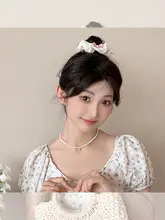 可愛らしいパール格子柄ピンクリボンヘアゴム【女性用・まとめ髪・春用】