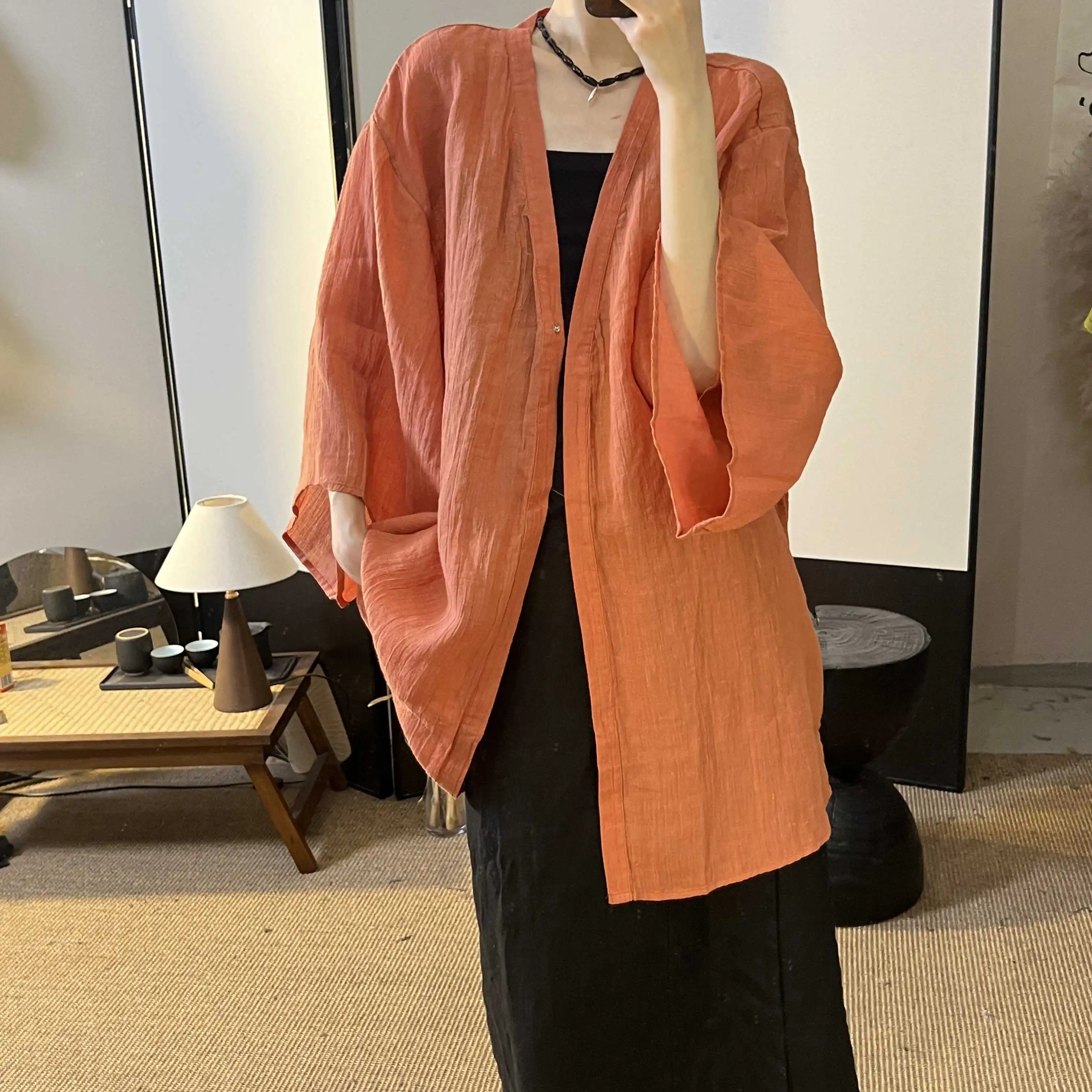 春夏用レトロ文芸風リネン混素材の中長カーディガン【無地・シンプルデザイン】 大人可愛いのトップス