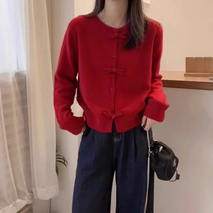 春秋用 カーディガン【赤・ニット・ショート丈】