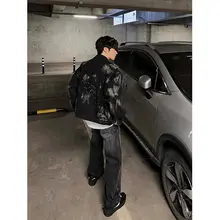 手作りの飛び絵デザイン 肩パッド付きデニムジャケット【秋用・翻訳翻領・ボタンなし】