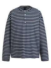 ストライプ柄 ヘンリーネック長袖Tシャツ【メンズ・春用・ルーズフィット・カジュアル】（セットアップ対応）