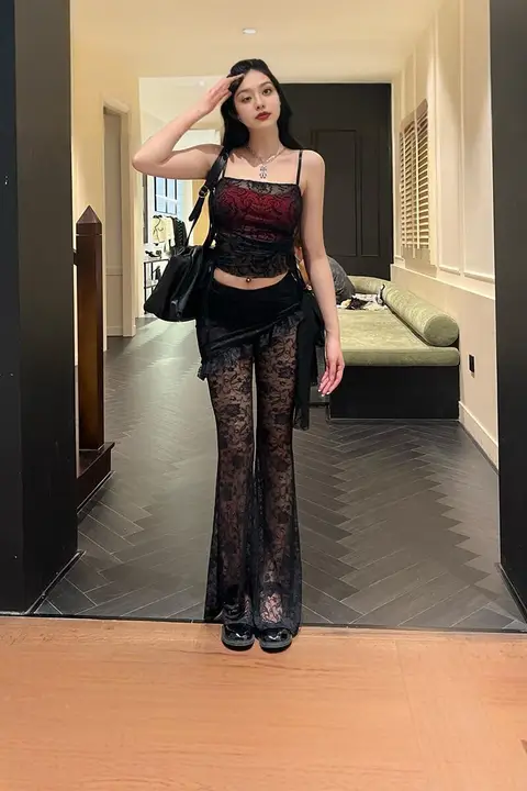 2点セット レディース キャミソール フレアパンツ レース ブラック ゴシック 大人セクシー コスプレ クール