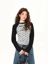 水玉模様の長袖Tシャツ【春用・ウエストフィット・カラーブロックデザイン】