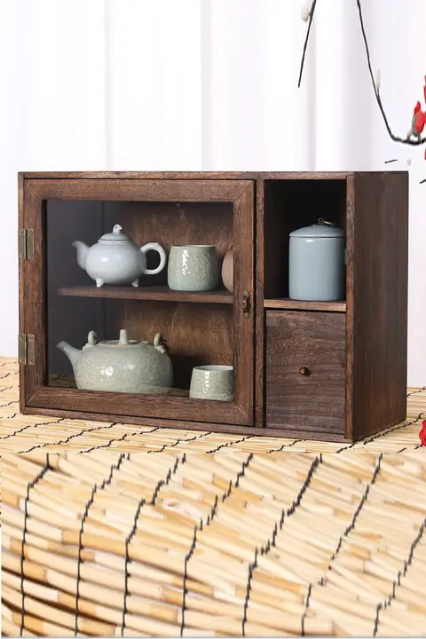 天然木製 防塵ガラスデスク収納ボックス【茶器・化粧品・文房具用】