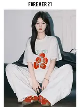 独特な印花の白いルーズフィット短袖Tシャツ【丸首・夏用・カジュアル】