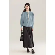 デザインレース付きデニムシャツ【春秋用・バルーンスリーブ・スリムフィット】
