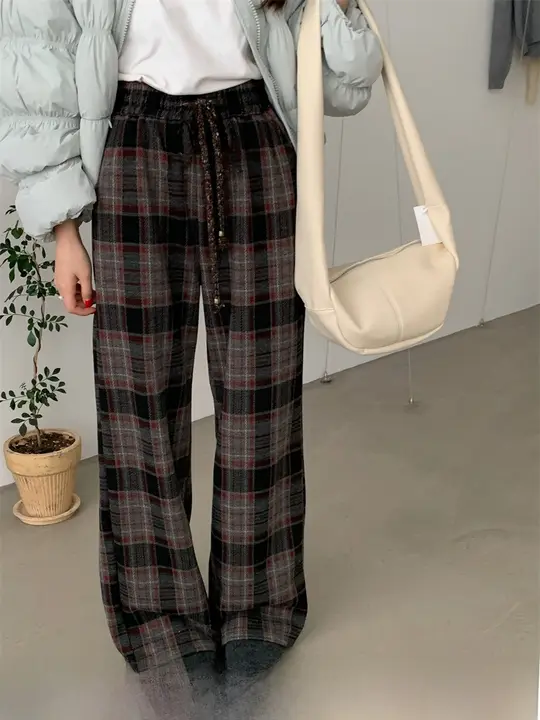 冬用 チェック柄 マイクロフリースパンツ【ストレートレッグ・フィット・レディース】（セットアップ対応）