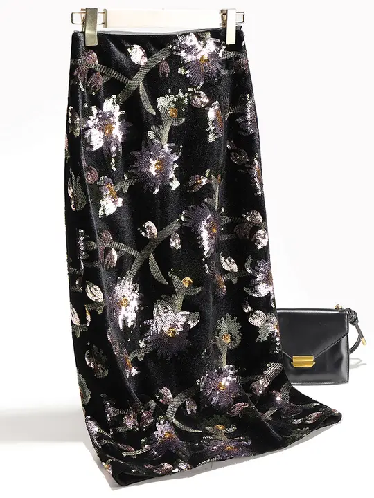 ヴィンテージ風の落ち着き！スパンコール刺繍の中長丈ハイウエストストレートスカート（セットアップ対応）