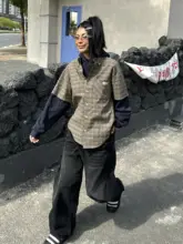 アメリカンリトロスタイルのチェック柄パネルフード付きシャツとスウェットのセット【ゆったりサイズ】