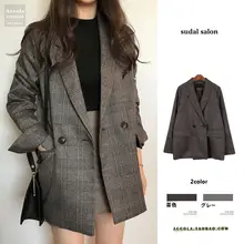 レトロチェック柄のダブルボタン長袖ジャケット【女性用・2ポケット・ルーズフィット】