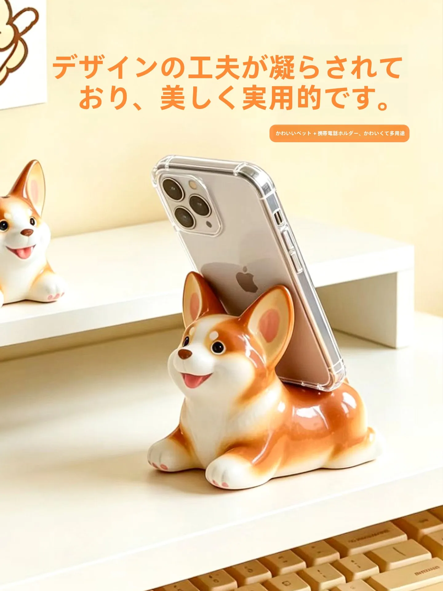 かわいらしいコーギー陶器製スマホスタンド：デスク周り小物としての機能と設置ガイド