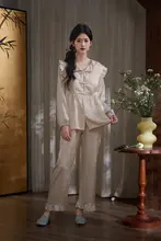 新中式デザインのアイスシルクパジャマ【春秋用・胸パッド付き・高級感ある】