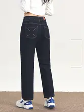 高腰デニムパンツ【ストレート・四方向ストレッチ・ゆるフィット・九分丈】（セットアップ対応）