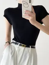 レディース 高弾性 ブラックハイネックTシャツ【半袖・シンプルデザイン・春秋用】