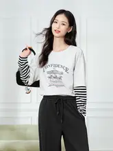 ストライプ切替デザインの長袖Tシャツ【レディース・レイヤード風】（セットアップ対応）