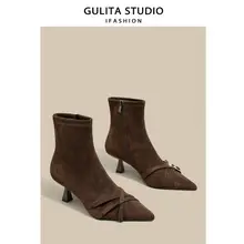 Gulita エレガントハイヒールブーツ【細ヒール・ショートブーツ・秋冬用・スエード・ベルトデザイン】