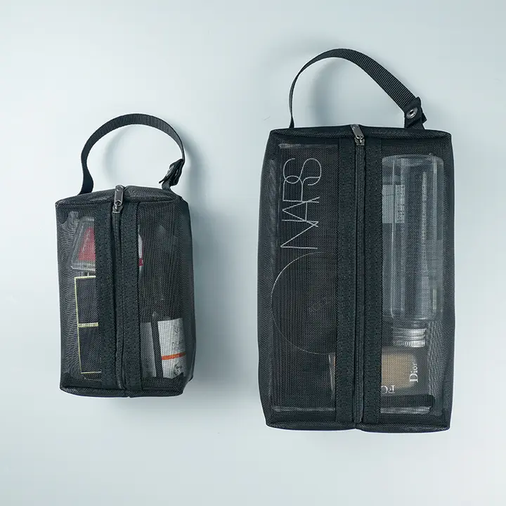 大容量メッシュ化粧ポーチ【旅行用・携帯便利・小型・ブラシ収納】