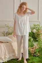 春夏用女性用 コットンリネン 半袖ロングパンツパジャマ【フランス風・ルームウェア】（セットアップ対応）