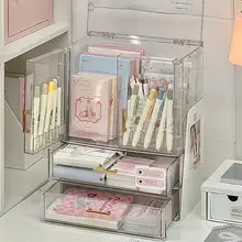 透明文具収納ボックス【大型・引き出し式・多機能ペン立て・デスクトップ用】