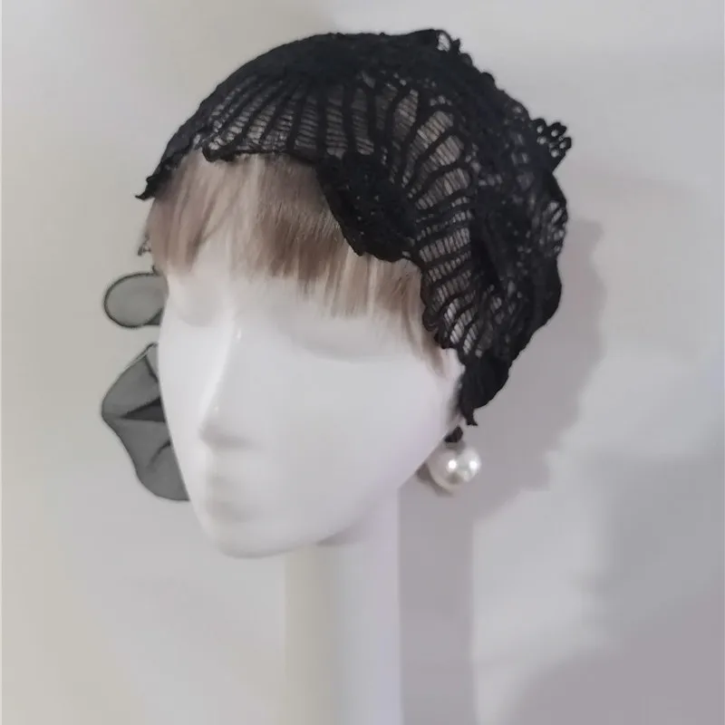 レトロデザインの黒いレース幅広ヘアバンド：白髪隠しに最適なオリジナルデザインのヘアキャップ