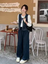 カジュアルデニムジレとワイドパンツの秋春コーディネート（セットアップ対応）