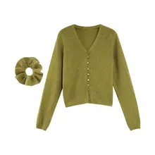 優しいデザインのVネックウールニットセーター【ウサギ毛・冬用・フィット】（セットアップ対応）