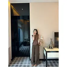 秋季用 レディース ヴィンテージ風 ワイドレッグカーゴパンツ【ゆったりシルエット・カジュアル・コーヒーカラー】（セットアップ対応）