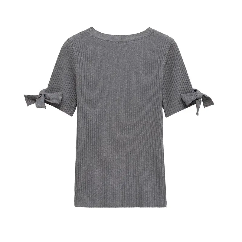 蝶々結び装飾の畦編みクルーネック半袖ニット：秋用女性向けのカギ針編み服の実用性とデザイン特性