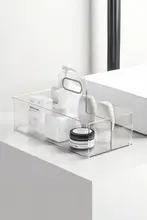 透明プラスチック製 浴室用収納バスケット【水切り機能付き・化粧品・薬・おやつ・おもちゃ整理用】
