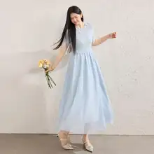 青色の大きいサイズ ドッキングマチ付き短袖メッシュワンピース【ハイウエスト・スリムシルエット】