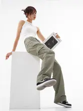 高腰ストレートワークパンツ【女性用・ゆ  ったり・カジュアル・多ポケット・アメリカンストリートスタイル】（セットアップ対応）