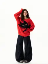 セーター レディース Vネック 猫柄 アメカジ ヴィンテージ レッド ルーズ 着回し 秋冬