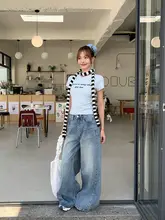 ブルーデニムストレートパンツ【女性用・ハイウエスト・フィット・ワイドレッグ・夏用】