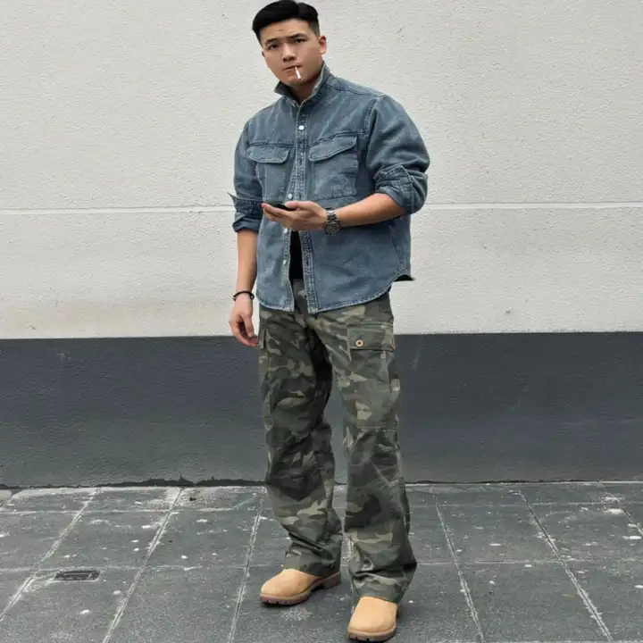 多ポケット迷彩工装パンツ【アメリカンスタイル・ウォッシュ加工・ルーズフィット】（セットアップ対応）